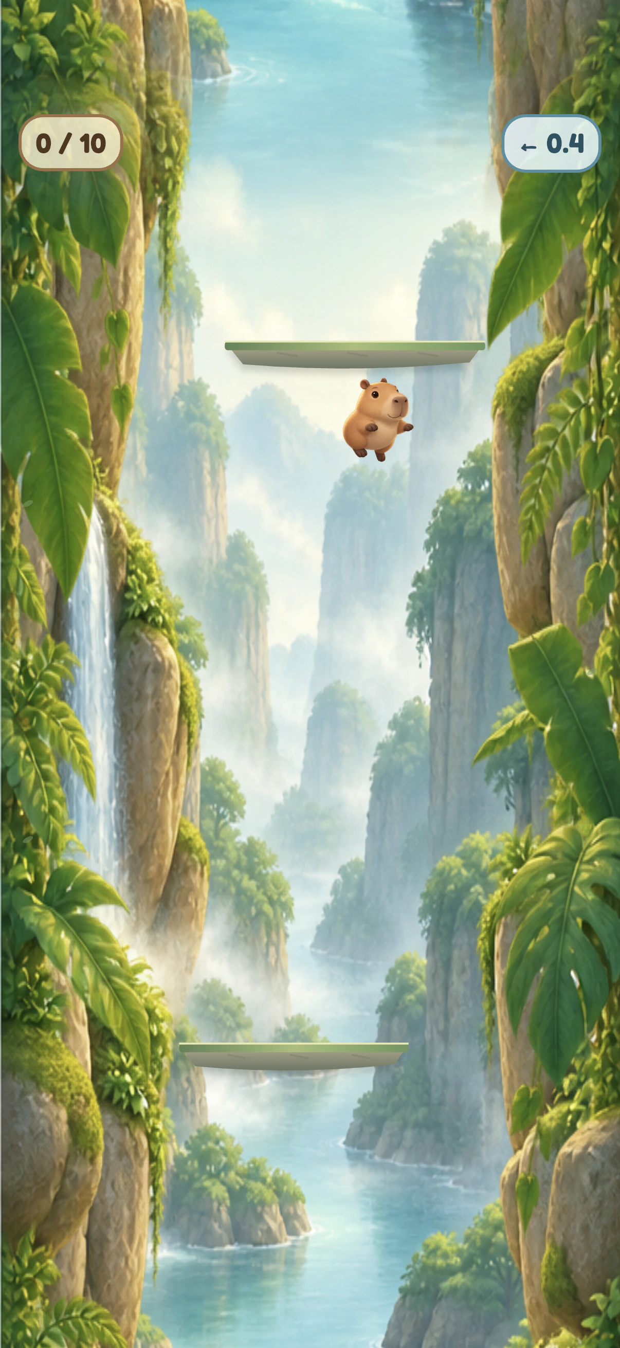 Capybara Landing Mayhem — capybara dropping below the upper platform